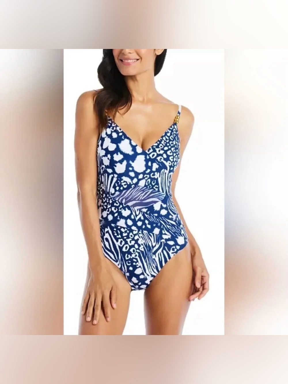 NWOT Beyond Control Navy and White Animal Print One-Piece Swimsuit, size 8